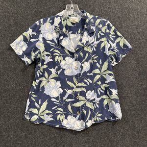 Tommy Bahama Shirt Women's Small Blue Floral Silk Hawaiian Button Up Summer Top